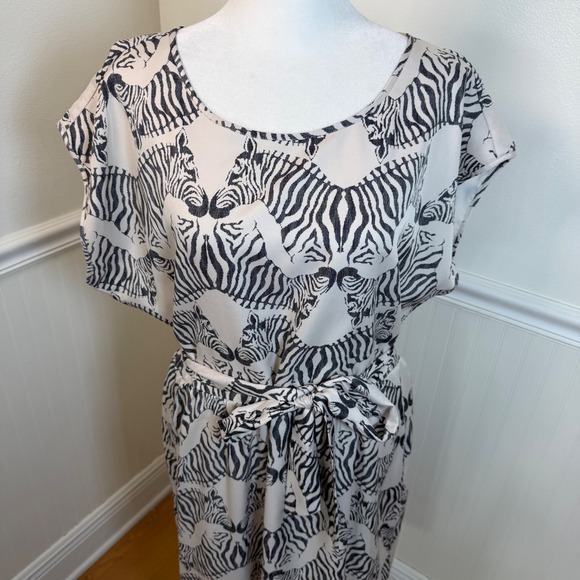 The Limited Zebra Print Belted Midi Dress Black Cream Animal Print Women Size L - Picture 2 of 11